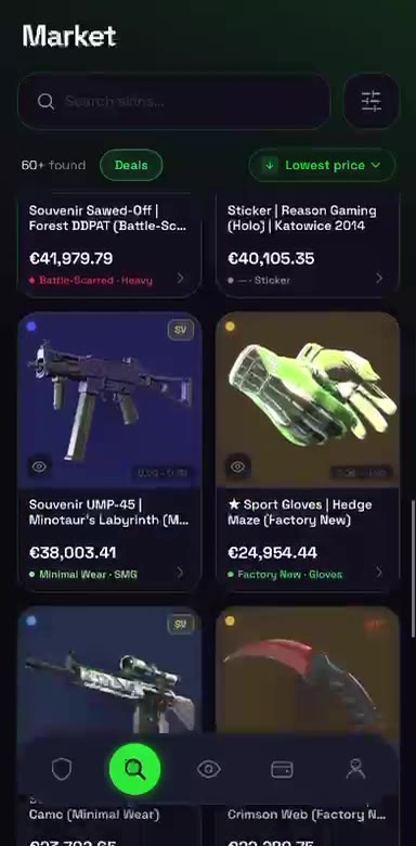 Market screen listing skins with prices